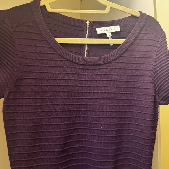 Sandro Knitted Rib Fit & Flare Mini Dress Purple Flare Size 3 - Picture 2 of 16